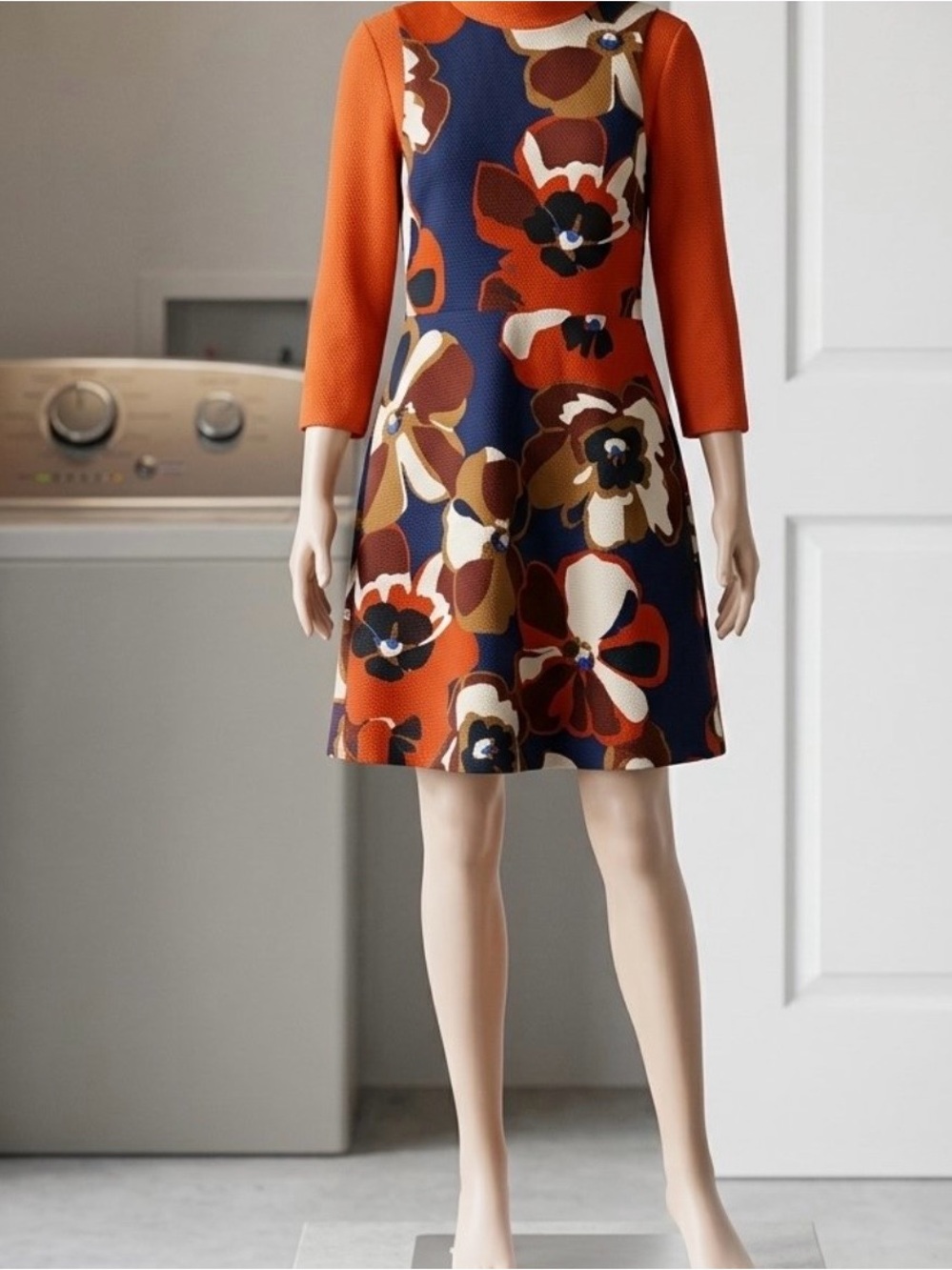 ECI orange and Navy Floral A-Line Dress